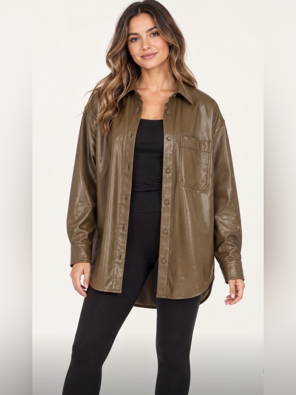 Something Navy Olive Green Faux-Leather Shirt Jacket